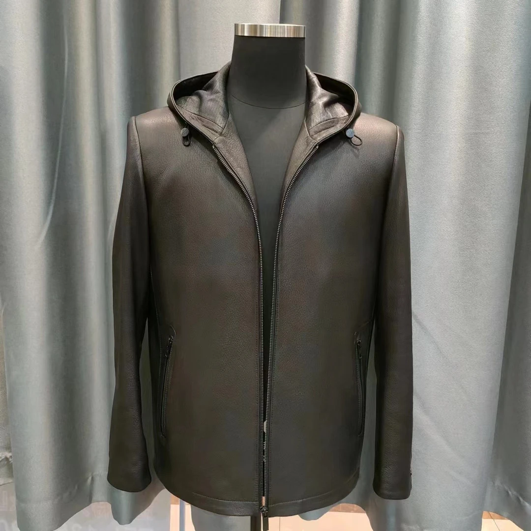 中长款真皮皮衣外套男士商务休闲秋冬山羊皮皮夹克连帽翻领爸爸装