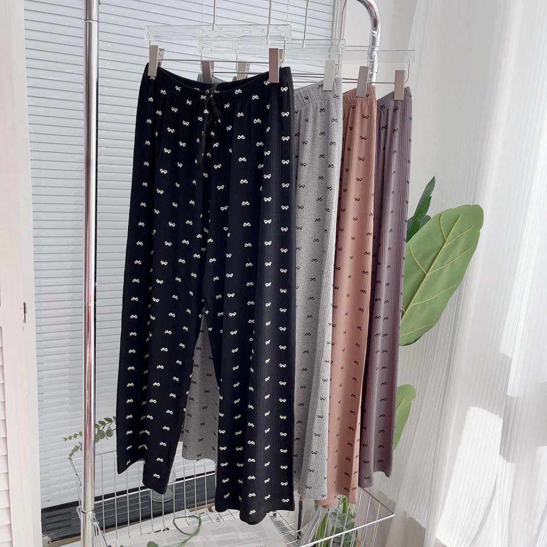 大码单条裤子女坑条棉家居裤长裤子睡裤弹力高腰春秋蝴蝶结