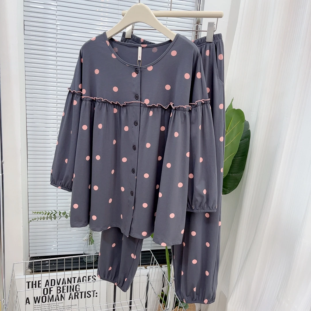 娃娃款九分袖睡衣女套装薄款棉质大码对襟家居服圆点宽松红长袖