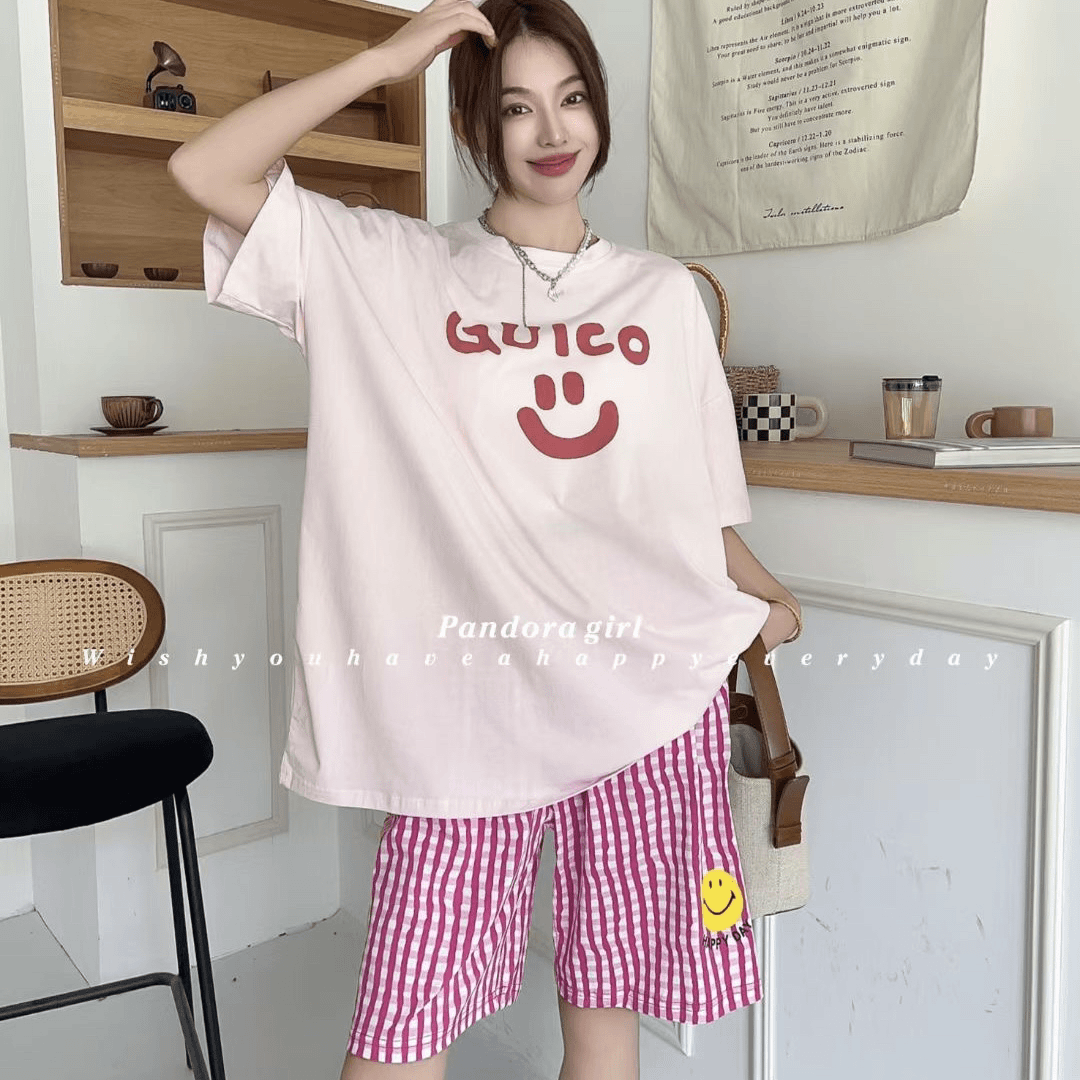薄款夏季短袖短裤大码睡衣女套装宽松韩版笑脸家居服甜美粉色棉质