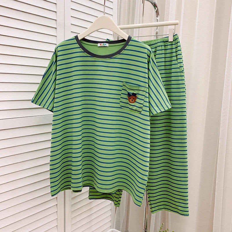 套头女睡衣短袖八分裤薄棉夏季宽松女士条纹家居服套装韩版圆领新