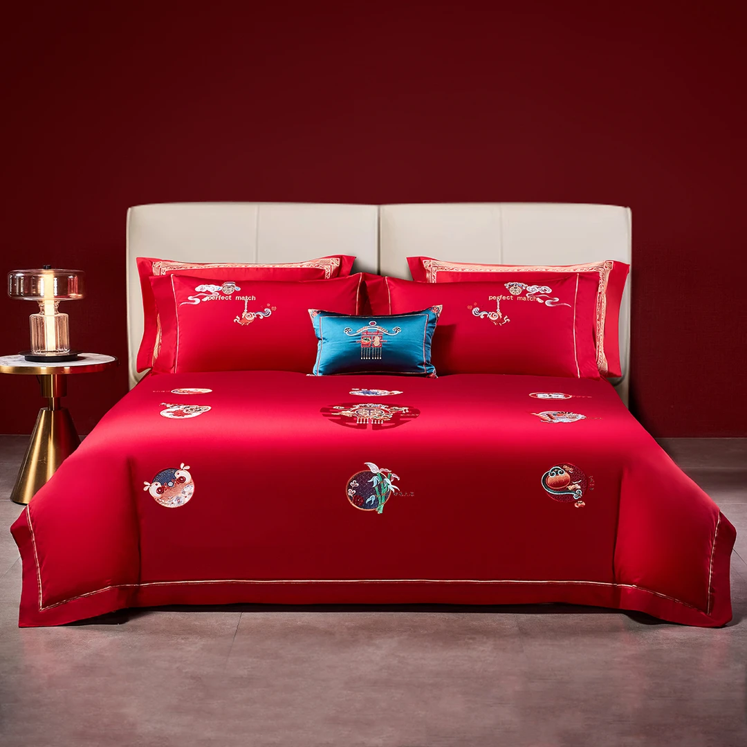 水星家纺新中式婚庆纯棉套件贡缎刺绣结婚喜庆四件套床上用品严选