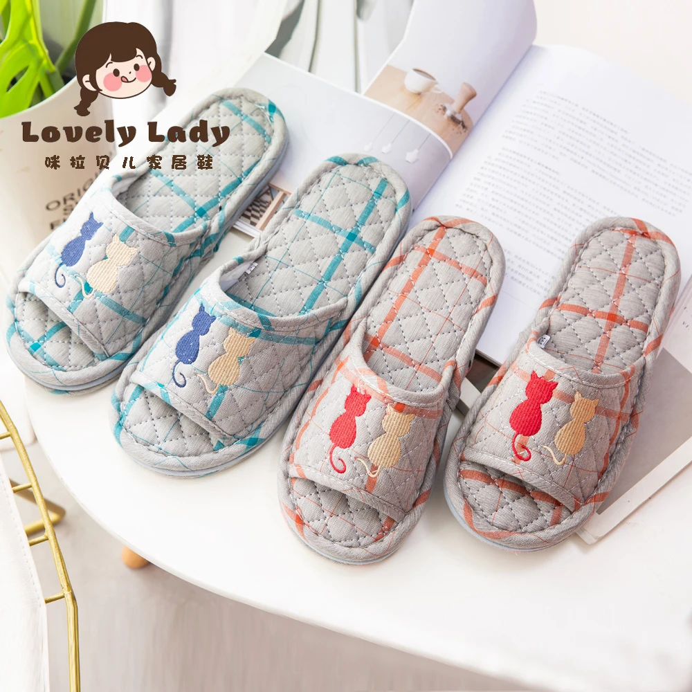 纯棉布艺加厚三层布底防滑静音男女情侣家居室内地板拖鞋四季无声