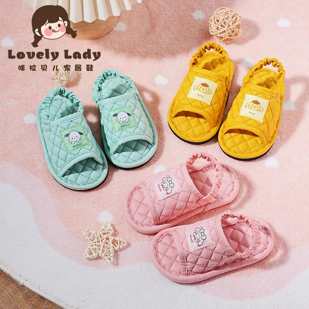 新款儿童纯棉布艺软底防滑1-3-6岁卡通静音学步家居室内地板拖鞋