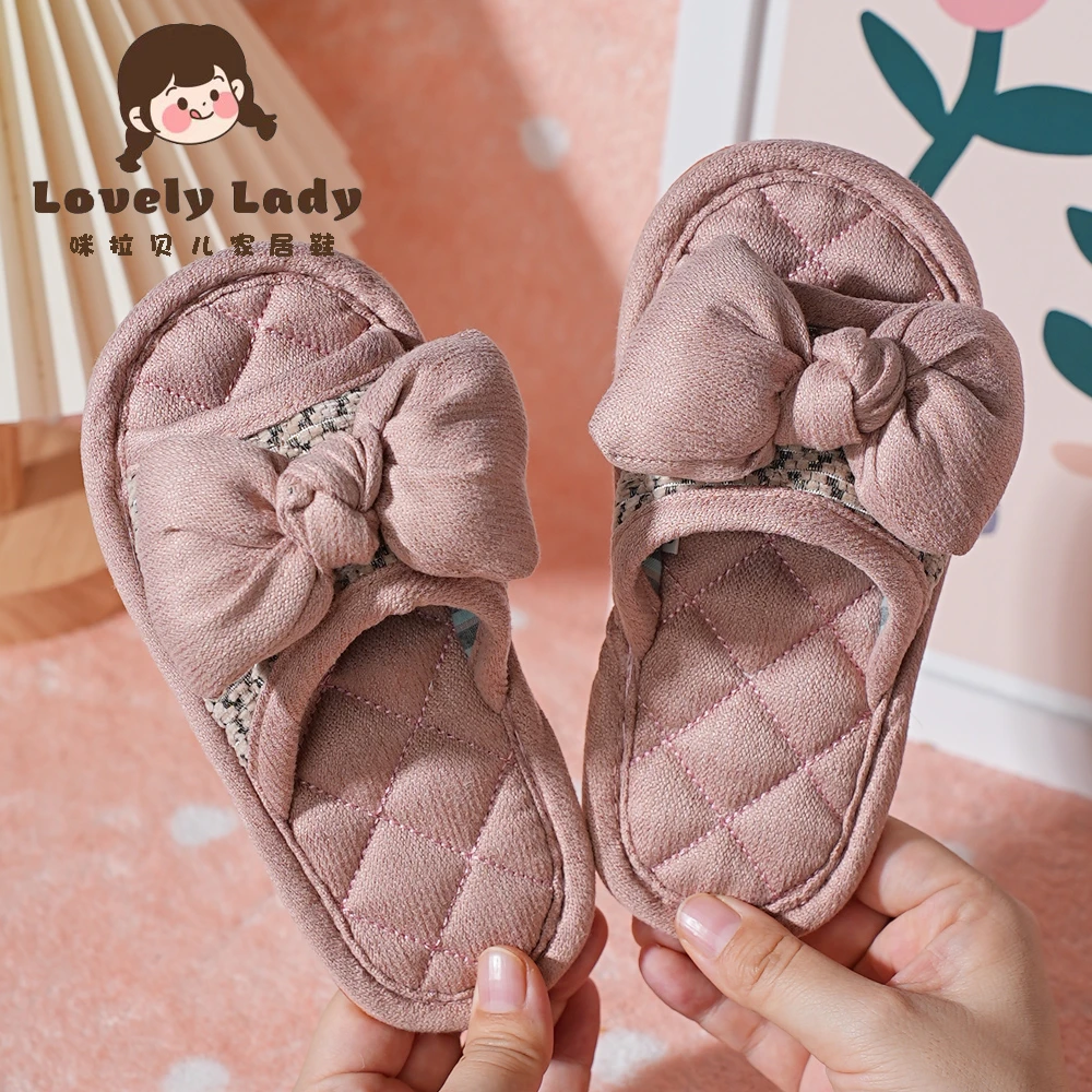 儿童纯棉布艺防滑静音韩版蝴蝶结小中大童软底室内家居地板拖鞋