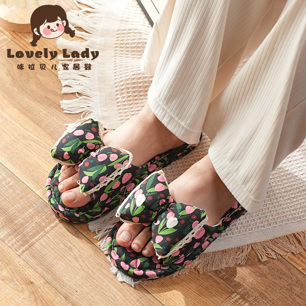 纯棉布艺居家女款三层布底静音无声防滑碎花韩版家居室内地板拖鞋