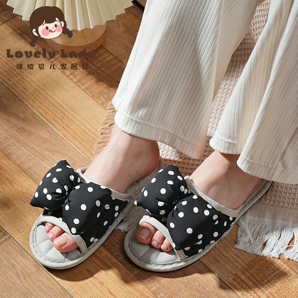 新款布艺韩版蝴蝶结女士居家防滑静音公主风家居室内拖鞋四季