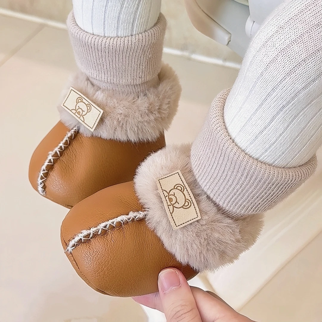 冬季新生儿婴儿皮毛一体鞋袜加绒软底学步鞋0-1岁男女宝宝棉鞋3