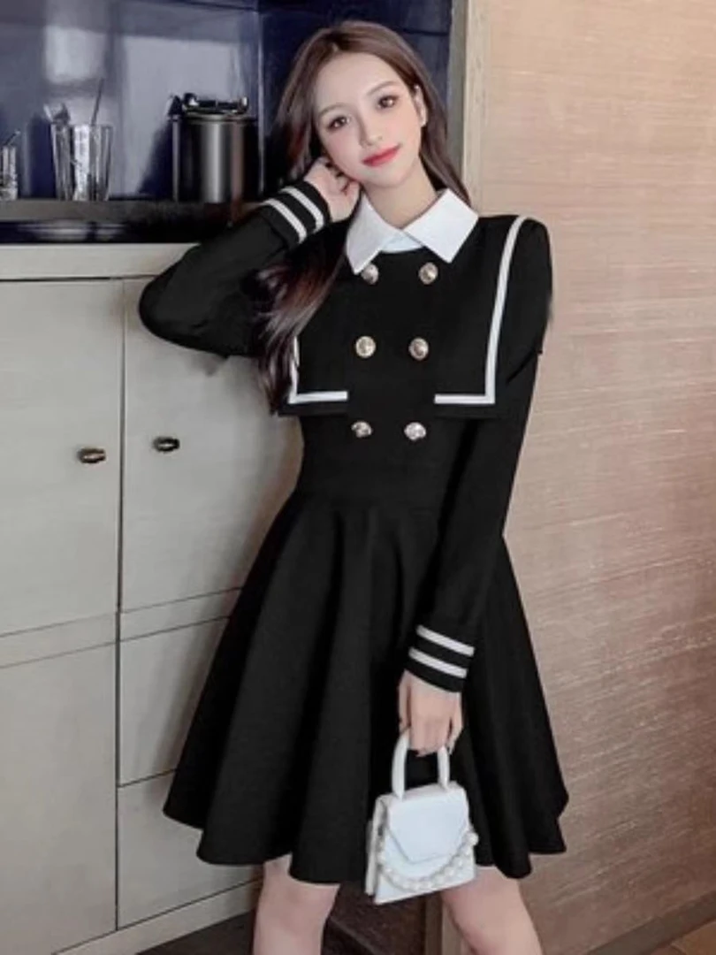 千语栀【重返校园】海军领秋季长袖裙气质收腰显瘦学院风休闲连衣裙