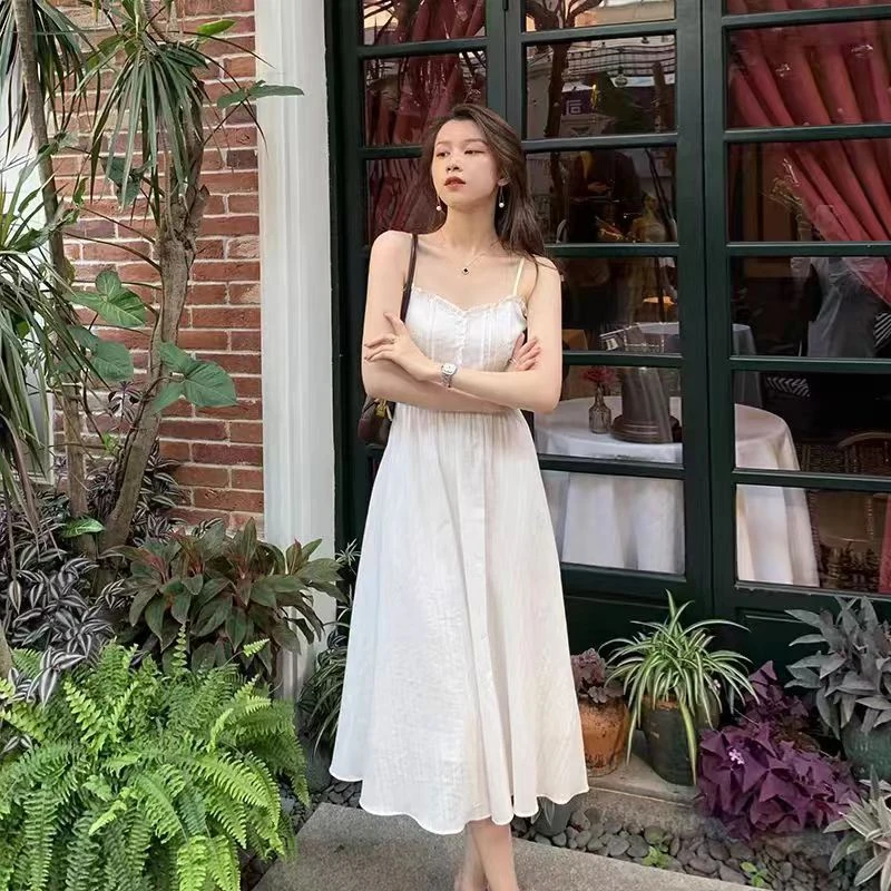 千语栀【月下白茶花】极简柔风长裙 气质夏季女装吊带白色连衣裙女