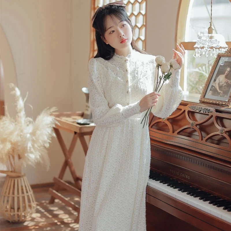 千语栀【韶华】秋冬款花边立领蕾丝时尚气质女装温婉大方白色连衣裙