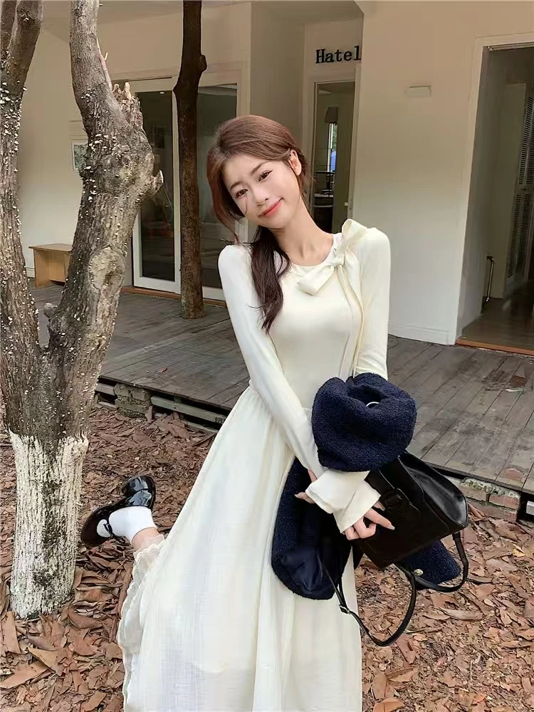 千语栀【夜昙公主】针织气质2024蝴蝶结领带高级秋冬新款显瘦打底裙