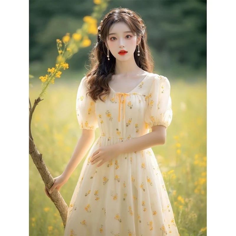 千语栀【花酿落日海】法式超好看碎花泡泡袖连衣裙2025夏装公主裙