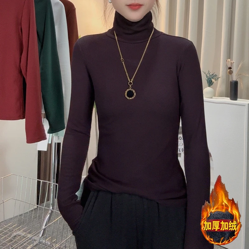 【加绒保暖】堆堆领打底衫2024新款内搭修身长袖t恤上衣高领纯色女