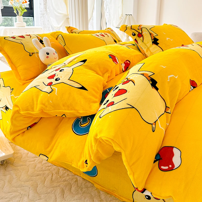 冬季加厚牛奶绒床上四件套可爱加绒床品珊瑚法兰绒被套床单床笠三