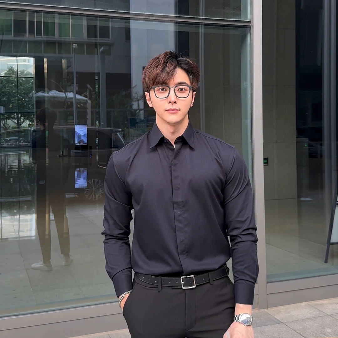 轮廓感300克春夏纯色商务休闲高级感禁欲系免烫抗皱长袖衬衫衬衣