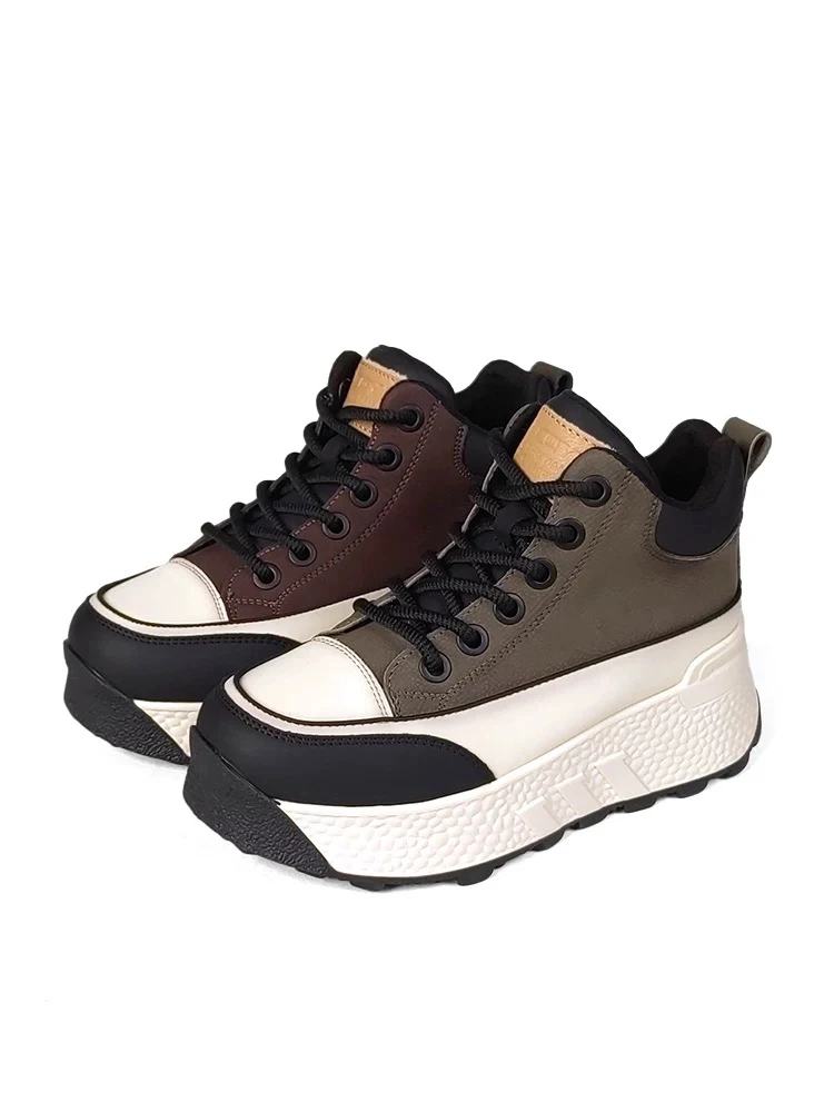 防滑系带高帮鞋短靴百搭冬季拼色运动潮鞋厚底增高时尚真皮潮流