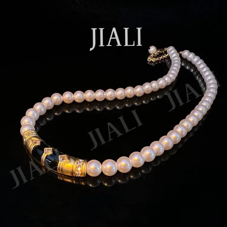 合金仿珍珠项链 JIALI中古风金黑白珍珠项链