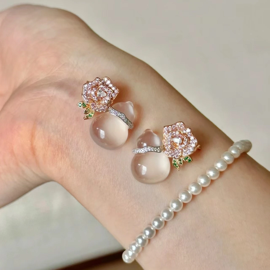 925银陶瓷耳饰 精美法式轻奢浪漫玫瑰天然玫瑰葫芦项链耳钉