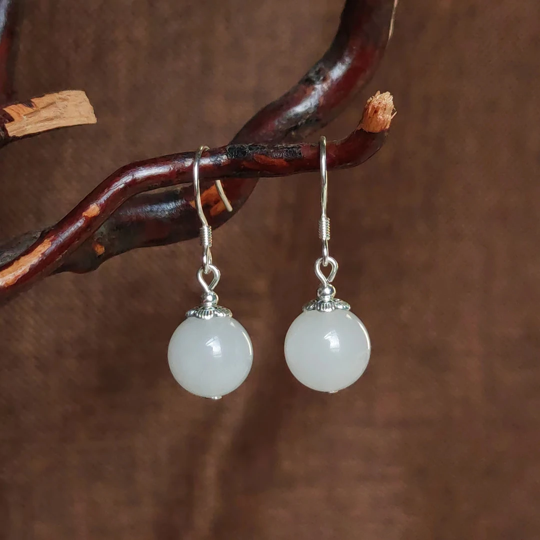 天然金丝玉卡10毫米圆珠耳环925银耳钩新疆玉耳坠玉耳环耳饰