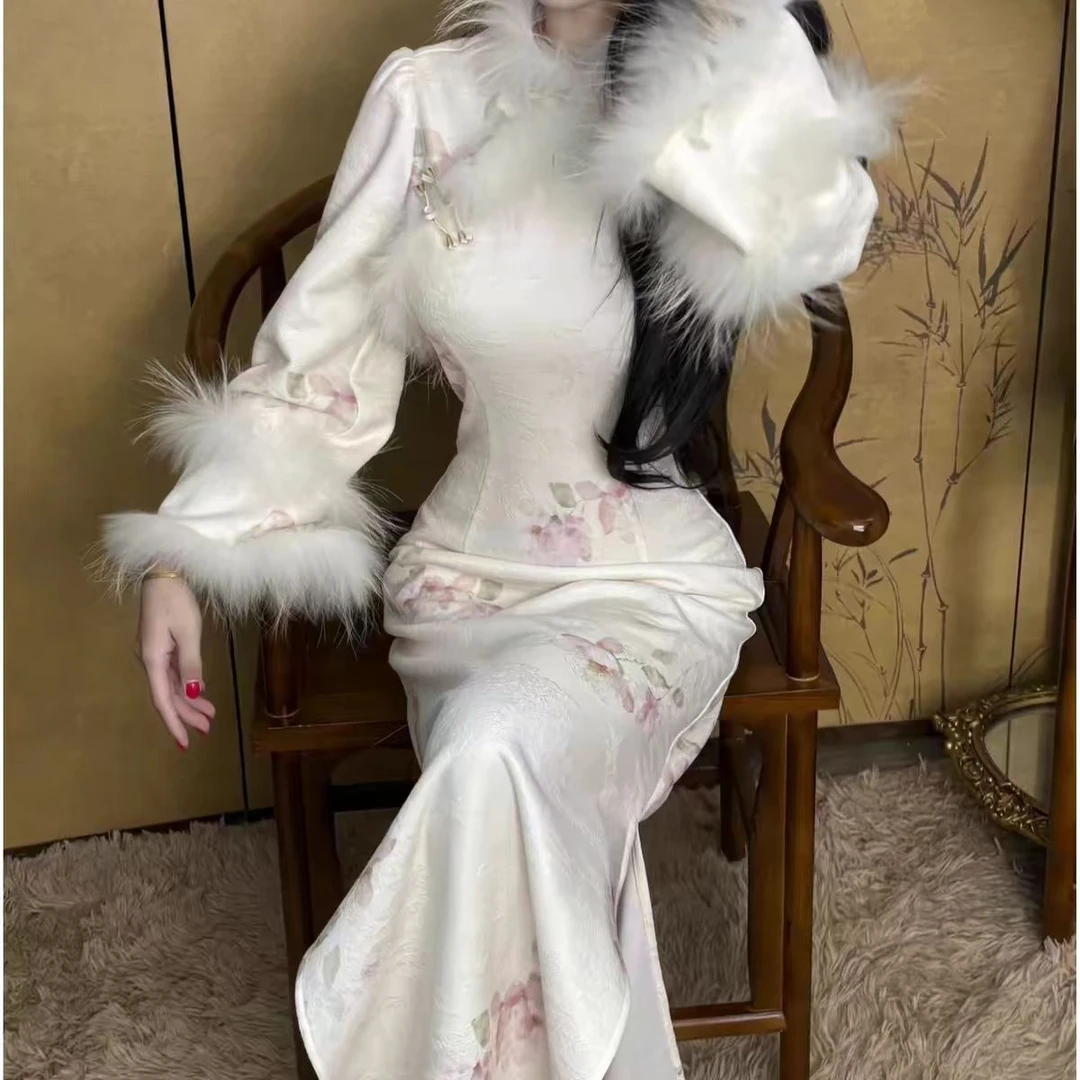 微瑕款~仅供直播间~新中式温柔毛领旗袍 白玉