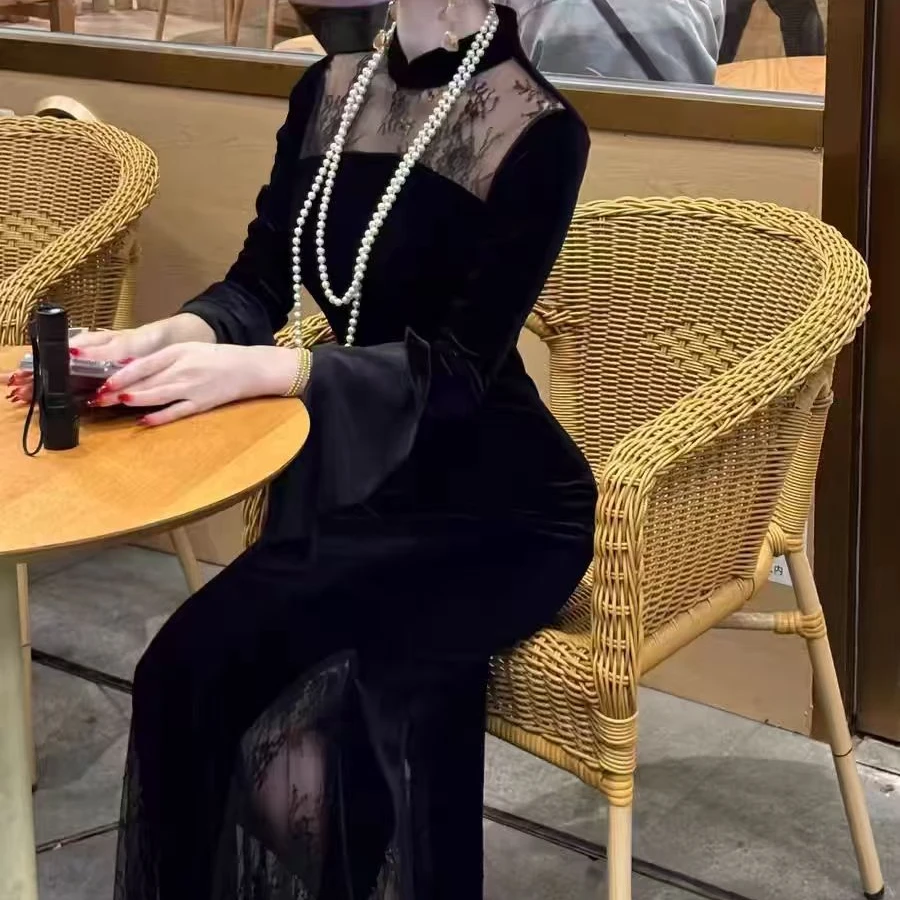 自制黑色显瘦蕾丝拼接丝绒步步生莲裙连衣裙黑色尤物