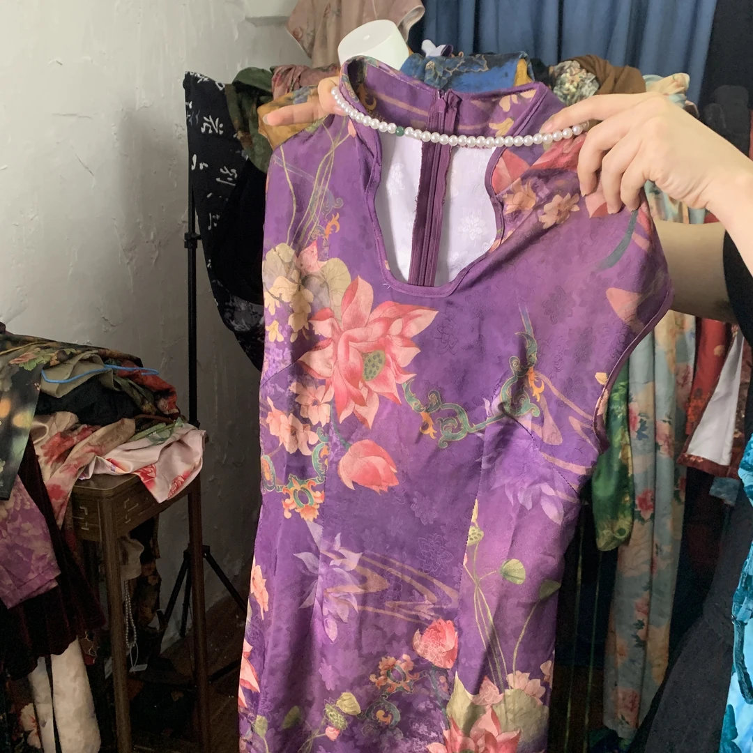 全新   清瑶女装 旗袍裙 自制款  提花紫莲镂空旗袍裙