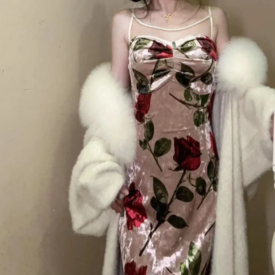 国风新中式秋冬丝绒珍珠吊带鱼尾裙 遮肚子 万花令吊带裙