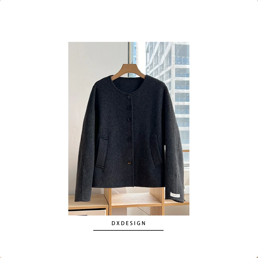 轻奢中古风高支100%澳洲毛手工双面呢短外套秋冬季时尚宽松毛呢女