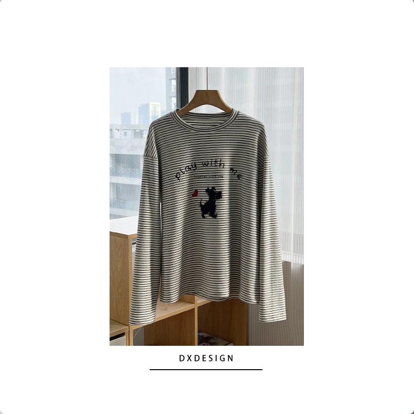 韩品黑米条纹趣味印花T恤女 秋冬日系休闲百搭圆领针织打底衫上衣