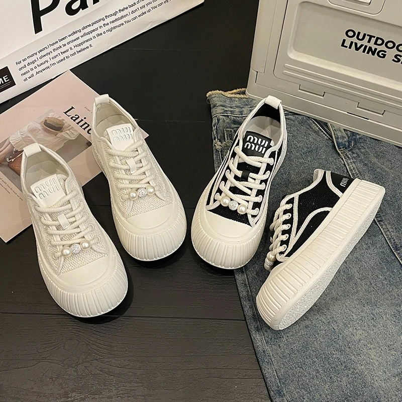 珍珠小白鞋女2024春新款新中式网面透气休闲面包鞋厚底轻便饼干鞋
