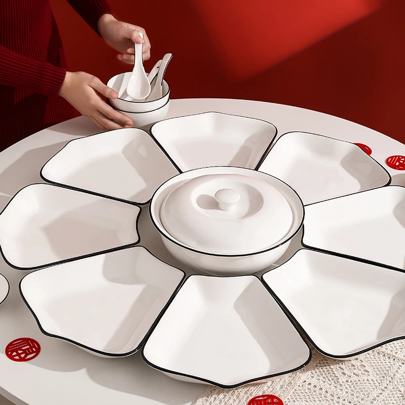 YUNI茶瓷屋家用陶瓷团圆饭莲花拼盘餐具组合陶瓷家庭聚餐过年碗碟