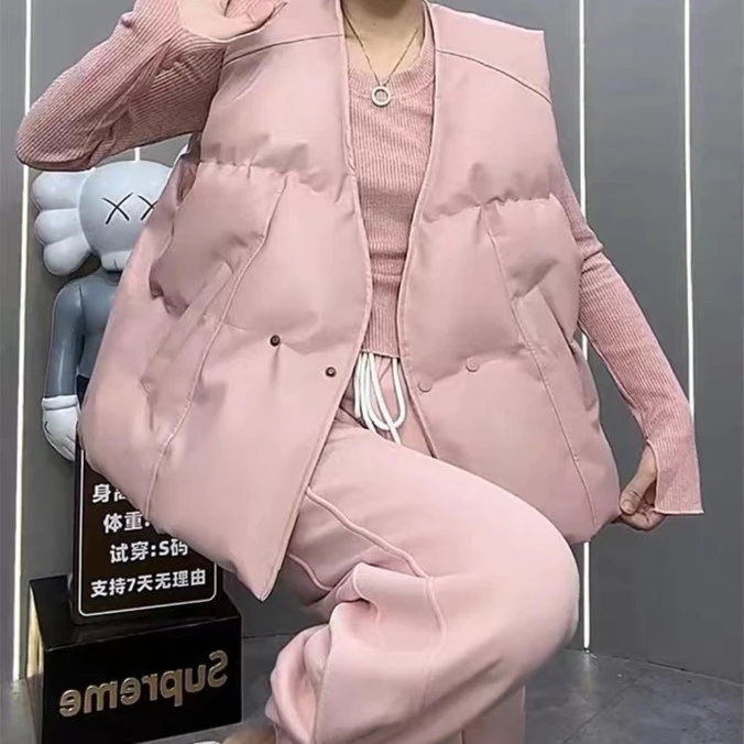 【冯七七】冬季韩版百搭宽松洋气立领加厚保暖PU马甲