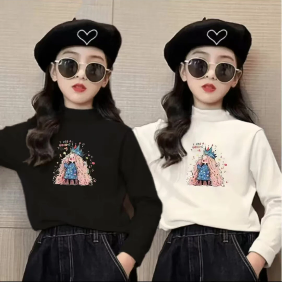 儿童保暖加厚德绒上衣秋冬季女童半高领中大童卡通T恤长袖打底衫