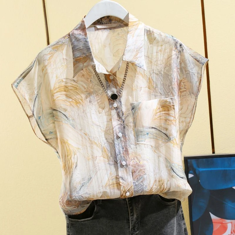 2024夏季爆款港风复古雪纺短袖衬衫女宽松微透印花衬衣度假风上衣