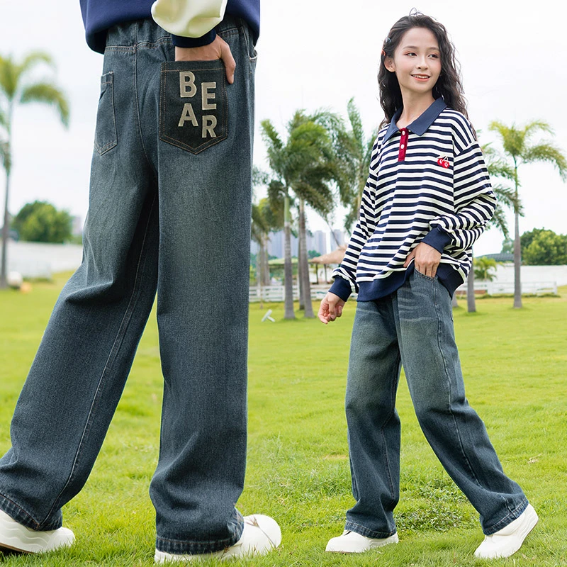 女童牛仔裤春秋装新款洋气中大童宽松裤子春季小女孩休闲直筒长裤