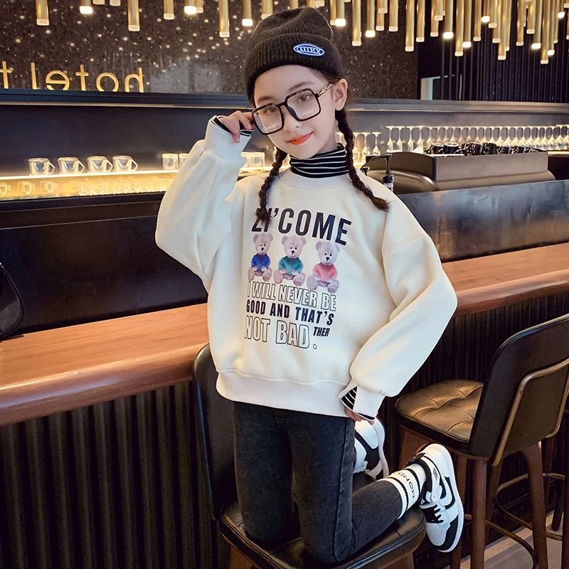 WY2838女童加绒保暖儿童春秋2024新款洋气小女孩假两件秋装中大童