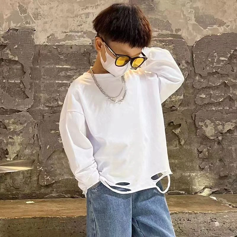 男童长袖白色打底衫2024春秋新款儿童韩版洋气破洞加绒百搭t恤潮