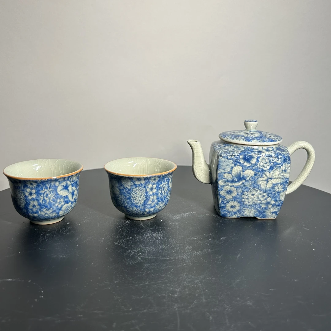 老陶泥青花茶壶茶杯套组手工家用四方壶开片可养泡茶器喝茶品茗杯