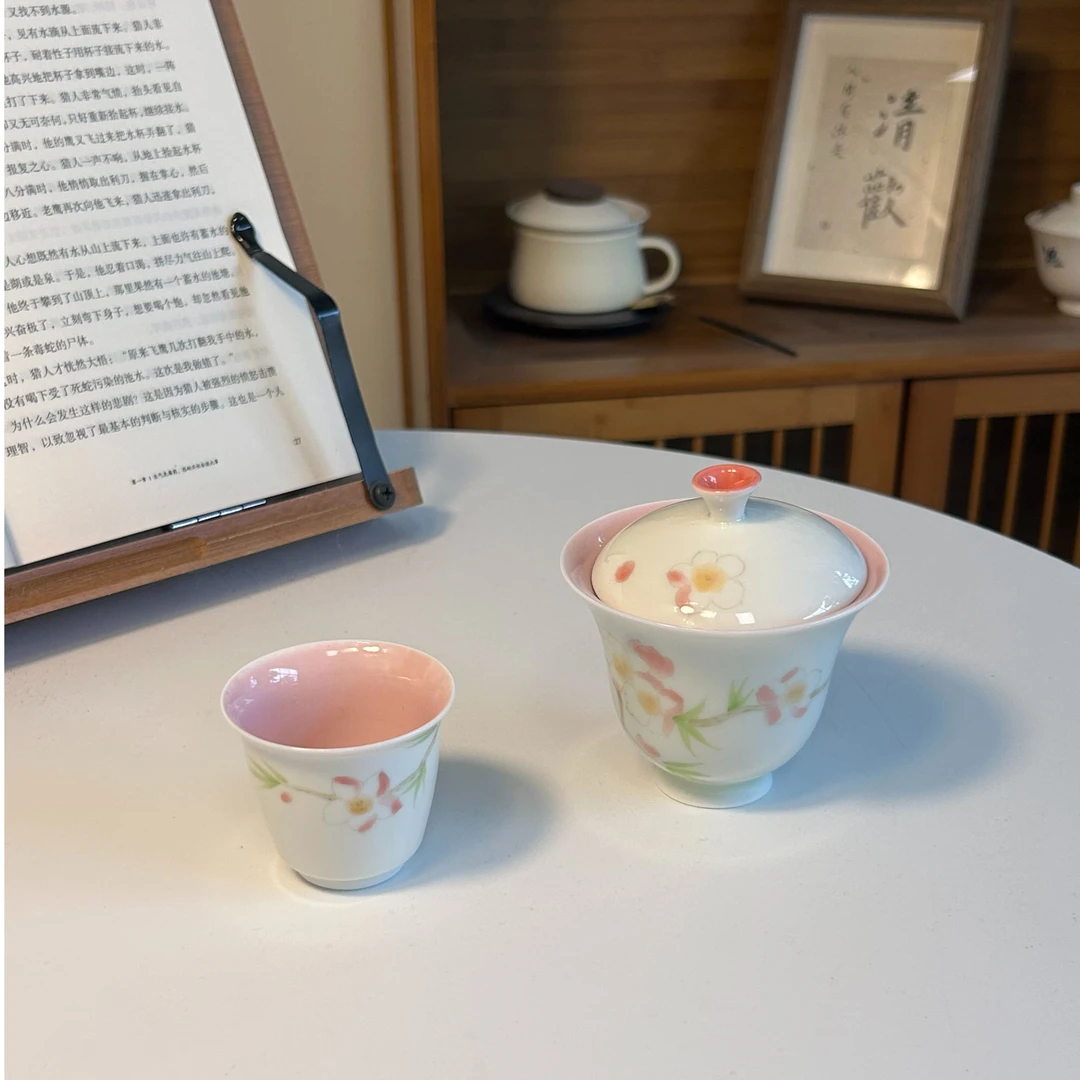 |勿念|《嫩粉桃花》手绘茶具品茗杯茶杯 少女系列 釉下彩高温陶瓷