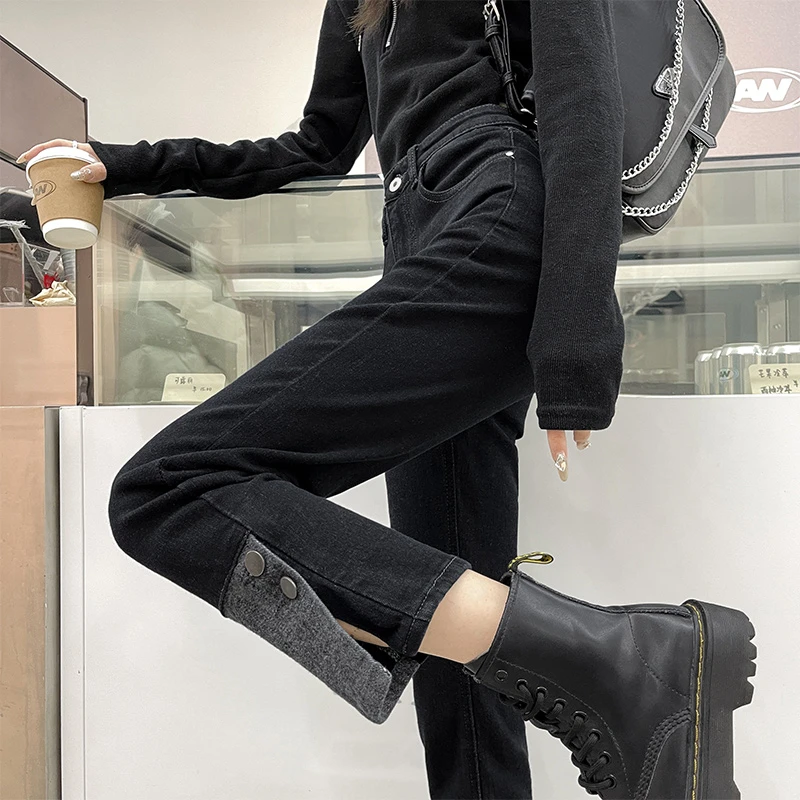 直筒加绒牛仔裤女2022秋冬新款高腰弹力显瘦小个子八分黑色烟管裤