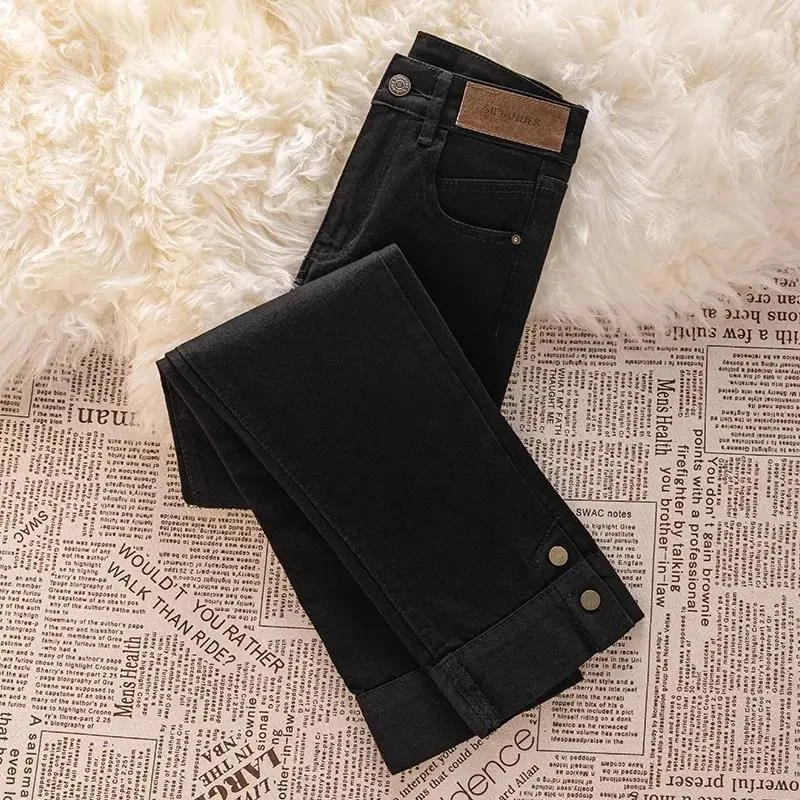 复古加绒直筒牛仔裤女2023秋冬新款高腰窄版小个子九分烟管裤子女