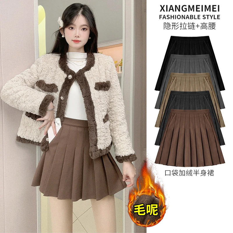 毛呢百褶裙半身裙短裙秋冬2025新款棕色高腰学生毛呢a字裙子