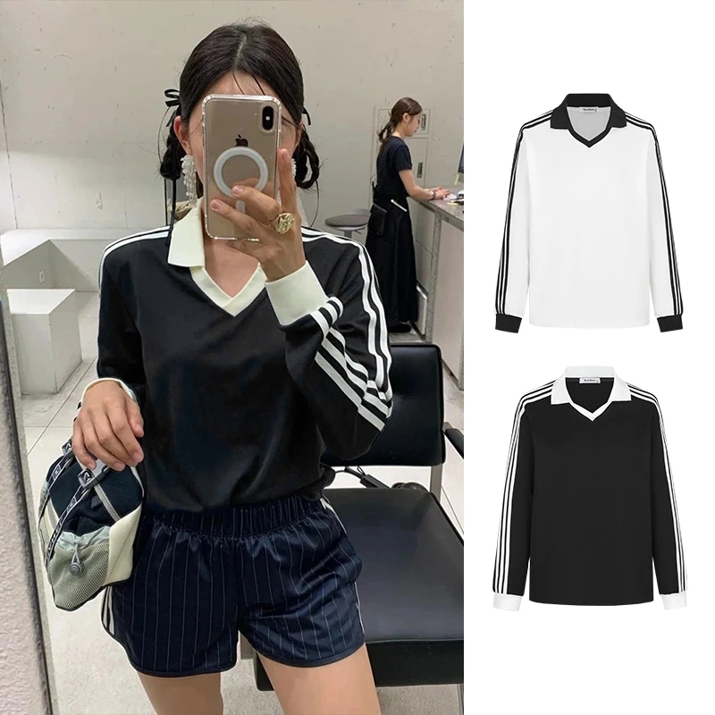 Moses Queen/魔西女王美式三条杆翻领卫衣薄款女撞色V领宽松上衣