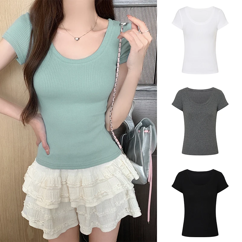 韩系百搭圆领纯色夏季紧身显瘦修身纯色上衣短袖T恤打底衫女