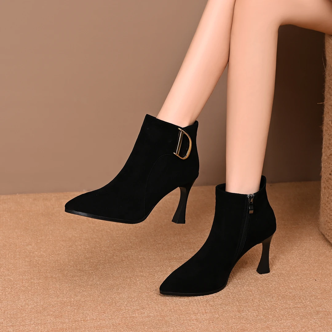 新款小跟短靴冬季加绒舒适高跟鞋气质春秋单靴百搭软面绒面瘦瘦靴