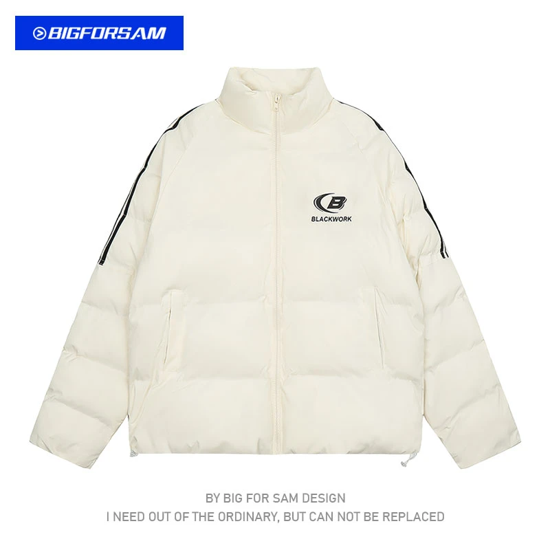 BIGFORSAM国潮美式印花条纹棉衣棉服男秋冬季加厚情侣面包服外套