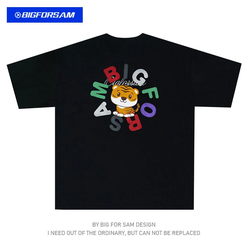 BIGFORSAM老虎字母印花短袖T恤男女美式国潮街头宽松情侣打底半袖