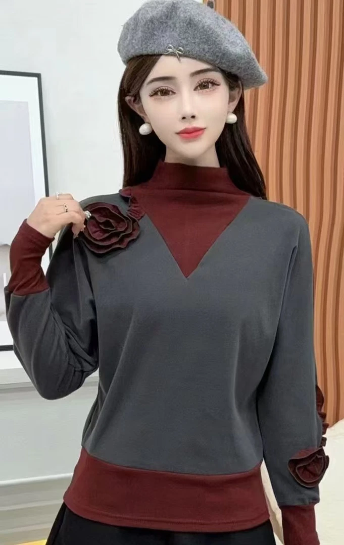 2024秋冬手工盘花双面德绒打底衫显瘦减龄气质设计感女上衣79127#