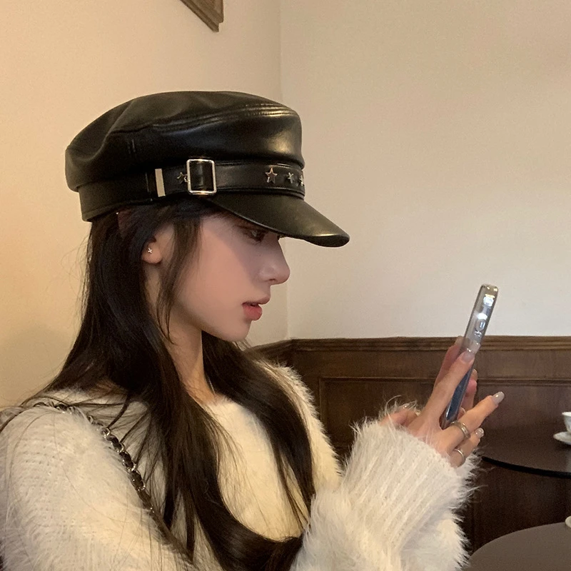 秋冬季PU皮平顶网红百搭星星贝雷帽气质个性八角帽复古画家帽子女